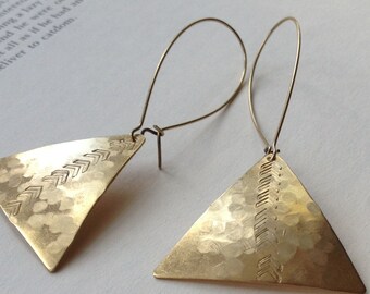 Hammered brass triangle earrings with arrows, Long brass stamped geometric earrings