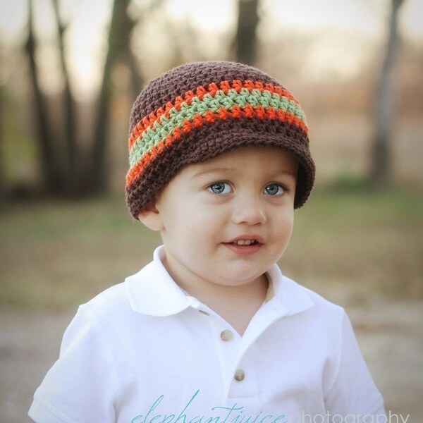 Infant\/Toddler\/Boys Crochet Visor Beanie-Chocolate Brown, Sage and Burnt Orange