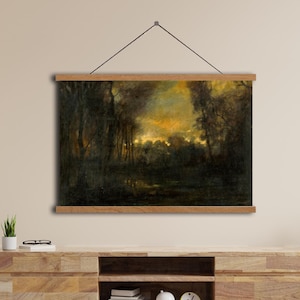 Decoración de pared de Dark Academia Dark Moody, pintura de paisaje abstracto vintage, arte de pared oscuro, impresión artística de bosque rústico antiguo