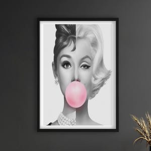 Audrey Hepburn & Marilyn Monroe Canvas, Bubble Gum Glam Wall Art, Black White Pop Art Print, Fashion Diva Poster, Hollywood Icon Decor