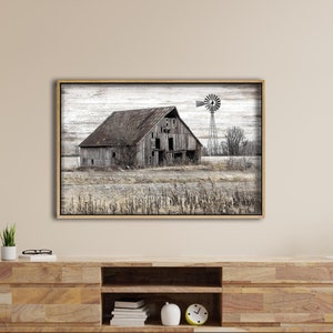 Decorazione murale rustica, tela vintage con vecchio fienile, grande decorazione murale in stile fattoria, decorazione murale in stile fattoria, stampa su tela con dipinto di vecchio fienile, sfondo in legno