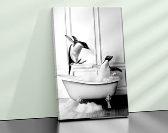 Funny Penguin Bathroom Canvas Wall Art – Black and White Animal Print – Quirky Penguin Bathtub Picture for Modern Bathroom Decor