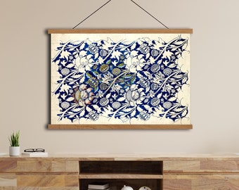Blaue Blumen William Morris Kunst, Botanisches Textil Auf Leinwand, Vintage Botanische Kunst, Botanische Textilkunst, Große Wandkunst,