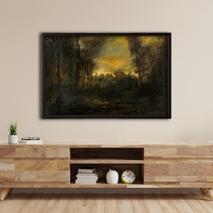 Decoración de pared enmarcada de estilo oscuro y melancólico, pintura de paisaje abstracto vintage de estilo Dark Academia, arte de pared oscuro, impresión artística de bosque rústico antiguo