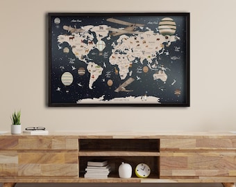 Framed Funny Nursery world map canvas Kids world map decor Kids map print world map wall art kids room decor,Animal Maps Kids For Map
