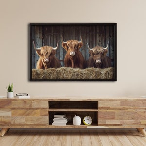Highland Cow Painting canvas print Farmhouse art Cattle Wooden background Country wall art Cow print Rustic wall art Extra Large Canvas