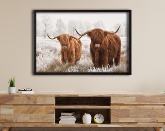Cow Wall Art,Highland Cow Painting canvas print Farmhouse art Cattle Country wall art Cow print Rustic wall art Extra Large Canvas