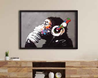 Colorful Monkey with Headphones Canvas Wall Art – Modern Pop Art Animal Print – Cool Funky Chimpanzee Artwork for Living Room or Studio