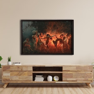 Dipinto di danza del fuoco, ninfe danzanti, arte murale, dipinto vintage, arte murale con cornice, regalo di inaugurazione della casa, regalo per la nuova casa, arte fantasy