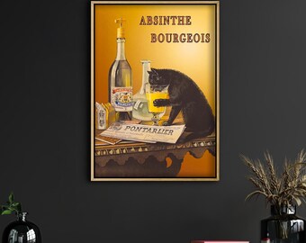 Framed Absinthe Bourgeois Poster, Vintage 1902 French Cat Alcohol Advertisement Wall Art Print