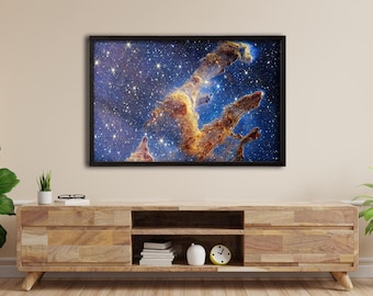 Gerahmte James Webb Säulen der Schöpfung, James Webb Weltraumteleskop, Nasa Dying Star Space, kosmische Klippen Wandkunst, Galaxien und Sterne Leinwand