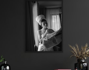 Woman Reading Newspaper Print, Black And White, Hypebeast Room Decor, Luxury Fashion Print,Feminist Poster, Wall Art poster