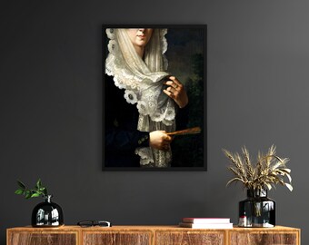 Eclectic art,Moody Portrait Painting Print – Lace Veil | Dark Art, Victorian Wall Art, Dark Academia Decor