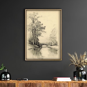 Landscape Sketch,Vintage Etching,Bridge Trees Drawing