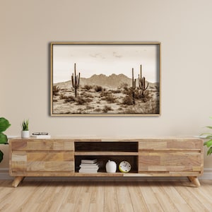 Framed Arizona Desert Sepia Canvas Print,The Four Peaks and Saguaros,Central Arizona Desert,Farmhouse Wall Decor