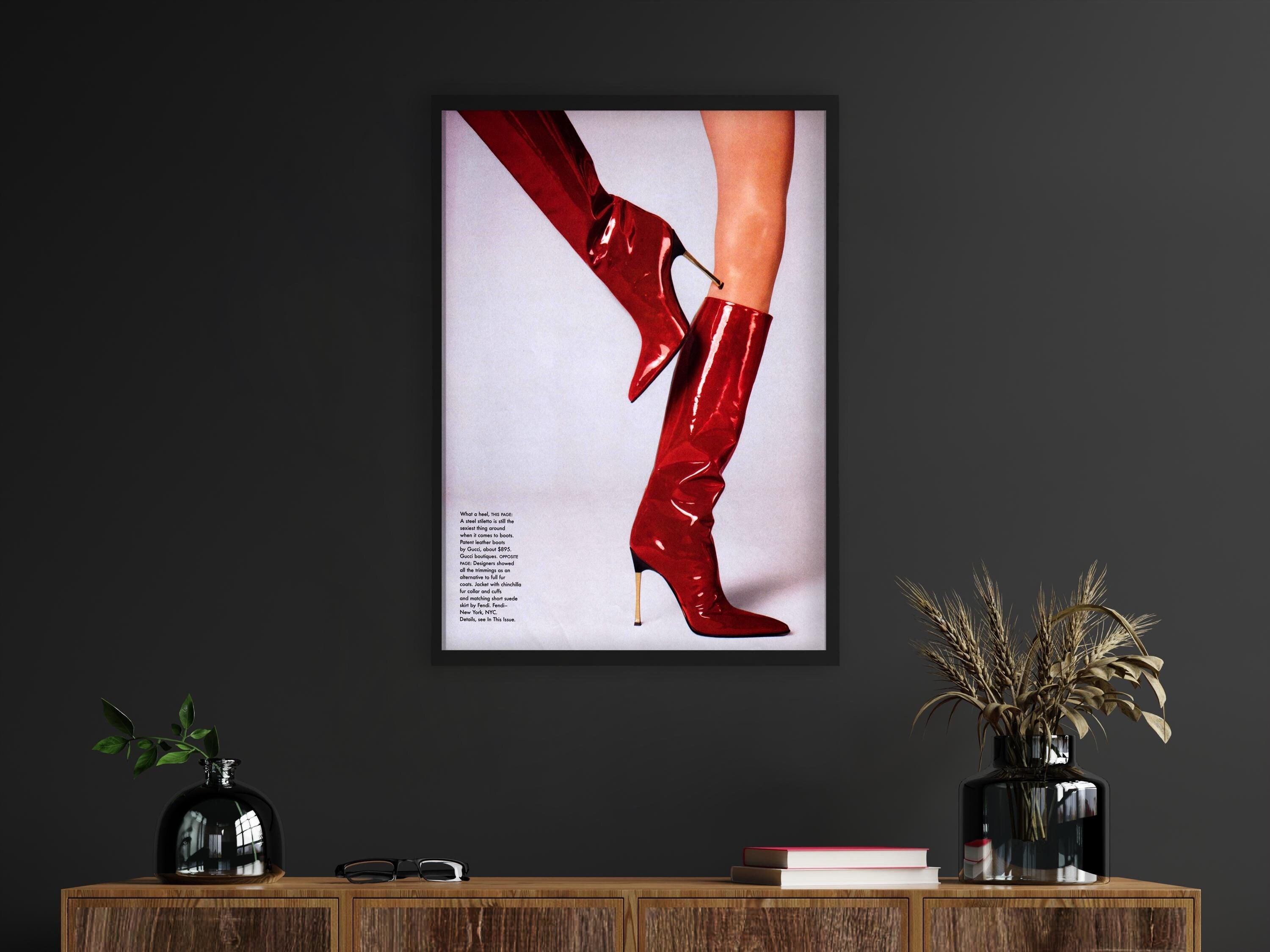 Framed Red Boots Wall Art,Fashion Wall Art Poster, Luxury Wall Art,High Heels Print, Designer Poster, Woman Prints Retro Posters Preppy Art