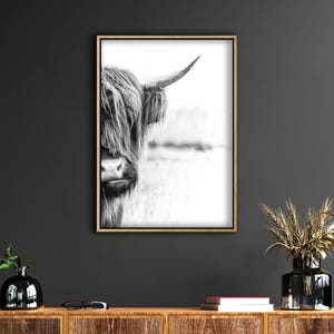Framed Cow Black And White,Highland Cow Print,Cow Wall Art,  Rustic Home Decor, Cattle Photography, Animal Black White Poster,Farm House