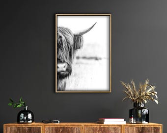 Framed Cow Black And White,Highland Cow Print,Cow Wall Art,  Rustic Home Decor, Cattle Photography, Animal Black White Poster,Farm House