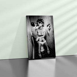 Bathroom Drink Poster Print, Black and White Bathroom Wall Art Funny Woman Drinking on the Toilet Humor Restroom Print unique