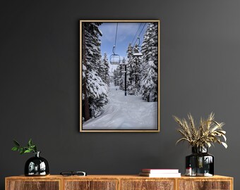Lienzo de paisaje invernal, arte de pared, arte moderno, impresión en lienzo de telesilla, abetos cubiertos de nieve, arte de pared invernal, decoración de esquí, regalos para esquiadores