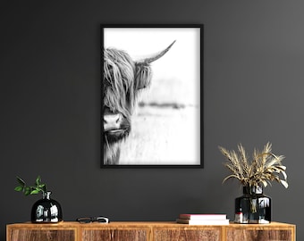 Cow Black And White,Highland Cow Print,Cow Wall Art,  Rustic Home Decor, Cattle Photography, Animal Black White Poster,Farm House Wall Decor