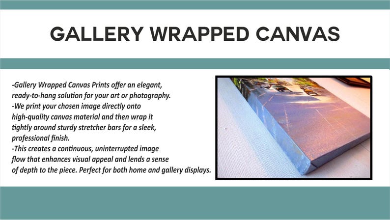 Może przedstawiać: Zdjęcie wydruku na pł&oacute;tnie z galerią. Tekst "GALLERY WRAPPED CANVAS" znajduje się na g&oacute;rze. Wydruk na pł&oacute;tnie przedstawia krajobraz z niebiesko-fioletową paletą kolor&oacute;w. Pł&oacute;tno jest owinięte wok&oacute;ł solidnych blejtram&oacute;w.