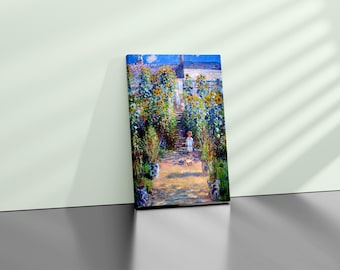 May include: A canvas print of a garden scene with a path lined with sunflowers and other colorful flowers. A figure in white walks down the path towards a building. The artwork is displayed against a white wall.