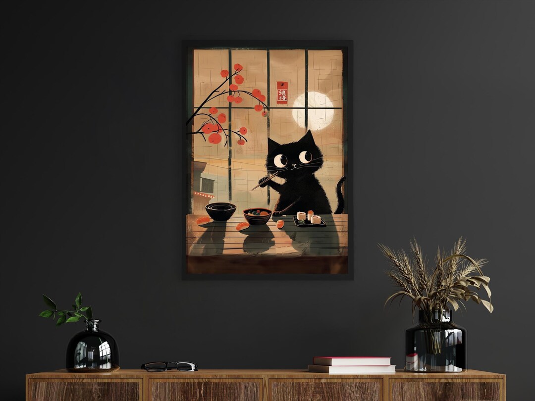 Sushi Wall Art,sushi Black Cat Poster Tokyo Art Print, Oishii Cat Print ...