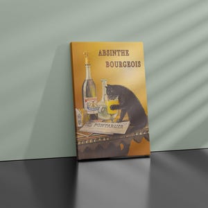 Pu&ograve; includere: Poster vintage pubblicitario per l'assenzio Bourgeois Pontarlier. Un gatto nero &egrave; seduto su un tavolo con un bicchiere di assenzio e bottiglie di liquore.
