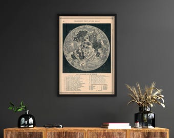 Op de afbeelding: Een vintage zwart-witte illustratie van de maan met een gedetailleerde kaart van het oppervlak. De afbeelding is zwart ingelijst en bevat een lijst met de namen van de kenmerken van de maan.