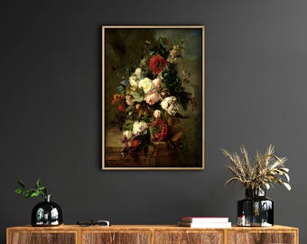 Peinture de fleurs de mauvaise humeur, art mural floral vintage sombre, impression d'art antique, décoration murale de peinture à l'huile botanique de mauvaise humeur