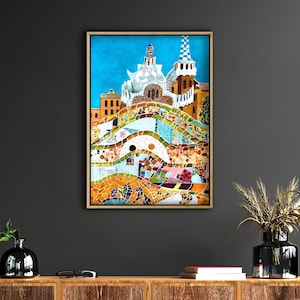 Barcelona Travel Print, Park Guell, Travel Gift, Barcelona Poster, Europe Print,Spain Art Print,Travel Art, Antoni Gaudi Style Mosaic Canvas