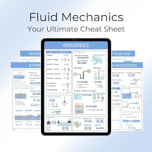Fluid Mechanics and Hydraulics Cheat Sheet. Printable Study Guides, Best for Engineering Student. Instant Download Cheat Sheet