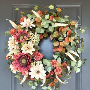 Fall Wreath for Front Door, Sunflower Wreath, Autumn Wreath, Thanksgiving, Fall Home Décor, Housewarming Gift, Dahlia Wreath, Entryway Décor