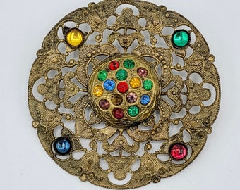 Antique Large Button with Colored Glass Gemstones & Openwork Design in Brass