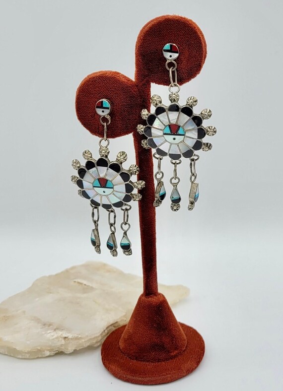 Zuni Silver and Multi Stone Inlay Sunface Earrings