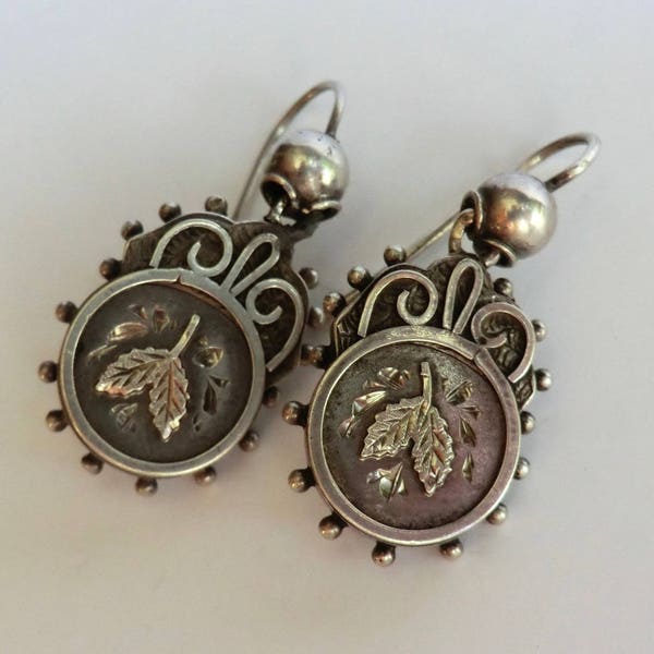 Victorian Silver Drop Earrings Antique Earrings ca 1880 Beaded Silver Border Leaf Design Center