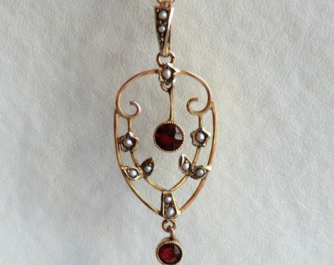 Pendentif Lavallière Art Nouveau En Or 14K Avec Diamant Et Perle - Vers 1900, Vintage Victorien/édouardien