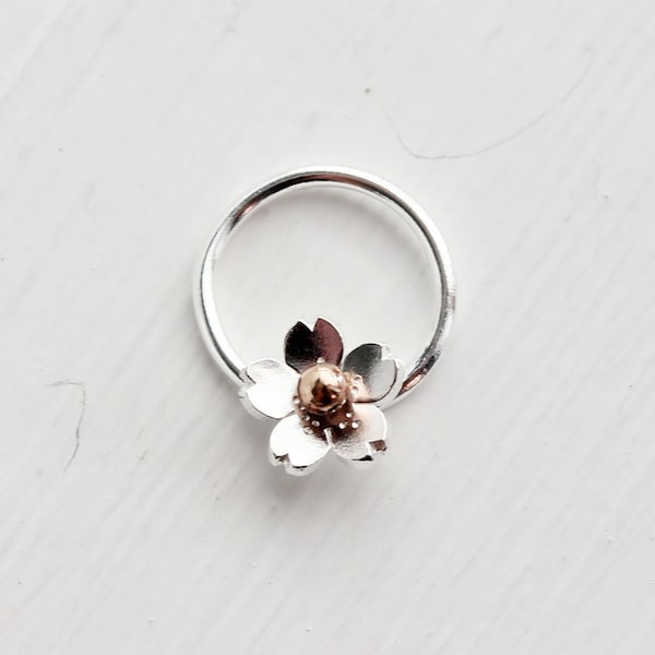 Cartilage Earrings, Sterling Silver Plumeria or Cherry Blossom Daith Earrings for Cartilage Piercings