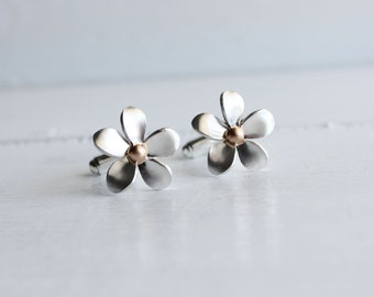 Sterling Silver and 14kt Gold Plumeria Cufflinks, Spring and Summer Wedding Accessories for Father's Day or Grooms, Gifts for Him