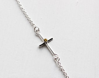 Daity Sterling Silver Cross Necklace with Topaz Faceted Stone, Dainty Jewelry, Gifts for Easter