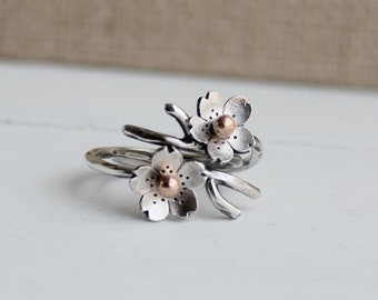 Cherry Blossom Collection, Twig Ring, Branch Adjustable Ring in Silver, Spring Stacking rings, MADE to ORDER, Bridal accessories