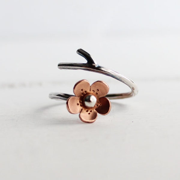 Cherry Blossom Branch Adjustable Ring,Spring Jewelry, Single flower ring  MADEtoORDER, Plum blossom, Twig jewelry,  ROUND Petals