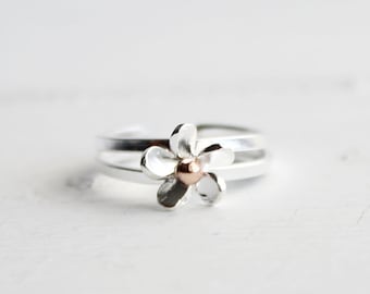 Sterling Silver Double Band Plumeria Toe Ring or Midi Ring, Summer Jewelry