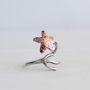 Anneau réglable de branche de corail d&#39;étoile de mer de cuivre, anneau d&#39;étoile de mer de bijoux nautiques, fait sur commande, bijoux d&#39;océan