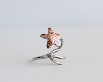 Copper Starfish Coral Branch Adjustable Ring, Nautical jewelry Starfish Ring, MADE to ORDER, Ocean Jewelry