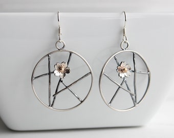 Bold Sterling Silver Light and Dark Cherry Blossom Collection Statement Earrings