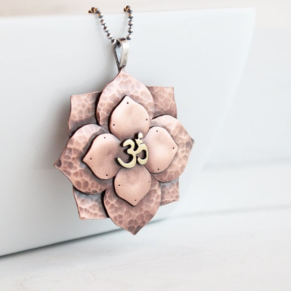 Lotus Mandala Copper Om Bold Pendant, Boho Jewelry, Inspirational jewelry, Statement necklace, Handmade by Hapa Girls, OOAK