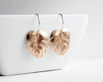 Bronze Tropical Monstera Leaf Earrings