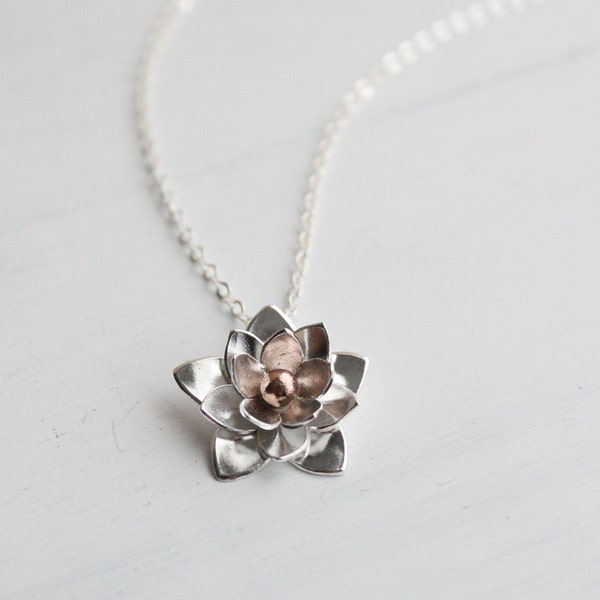 Silver Lotus Necklace, Pendant - Sterling silver and Bronze Metalsmithing, Gifts for her, Wedding jewelry